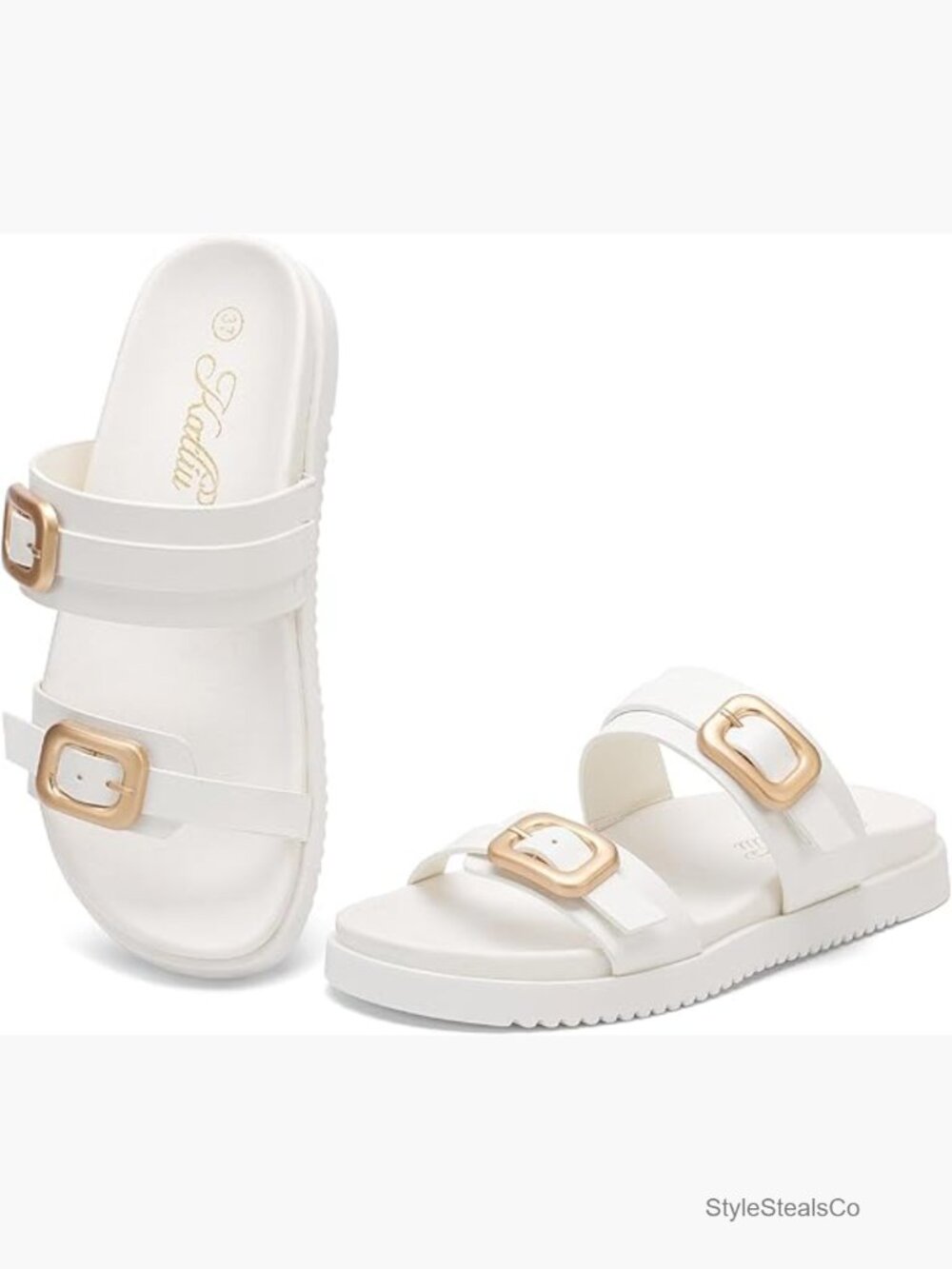 Double Buckle Slide Sandals with Arch Support Flat Comfort Sandals Casual